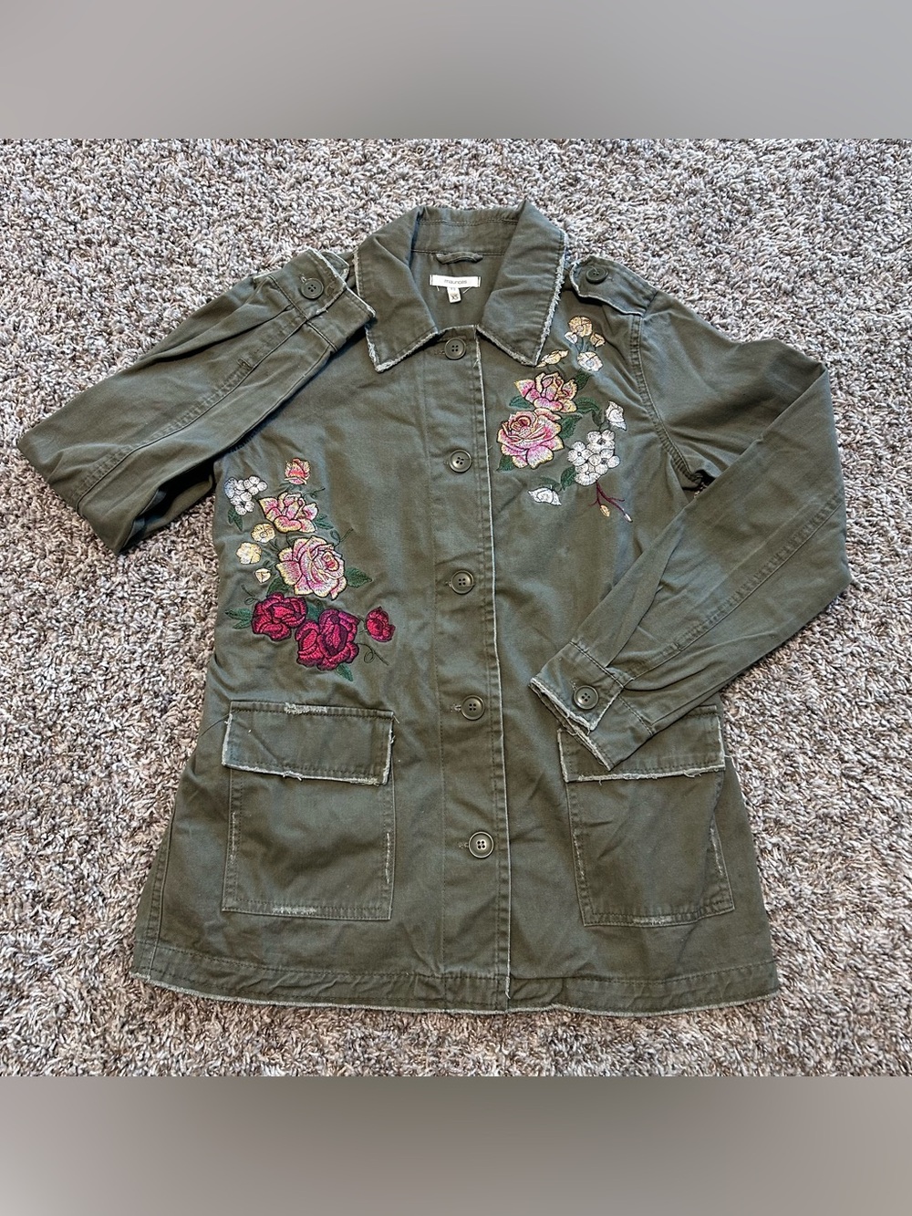 MAURICES Olive Green MILITARY UTILITY JACKET Floral EMBROIDERED Cargo Coat XS